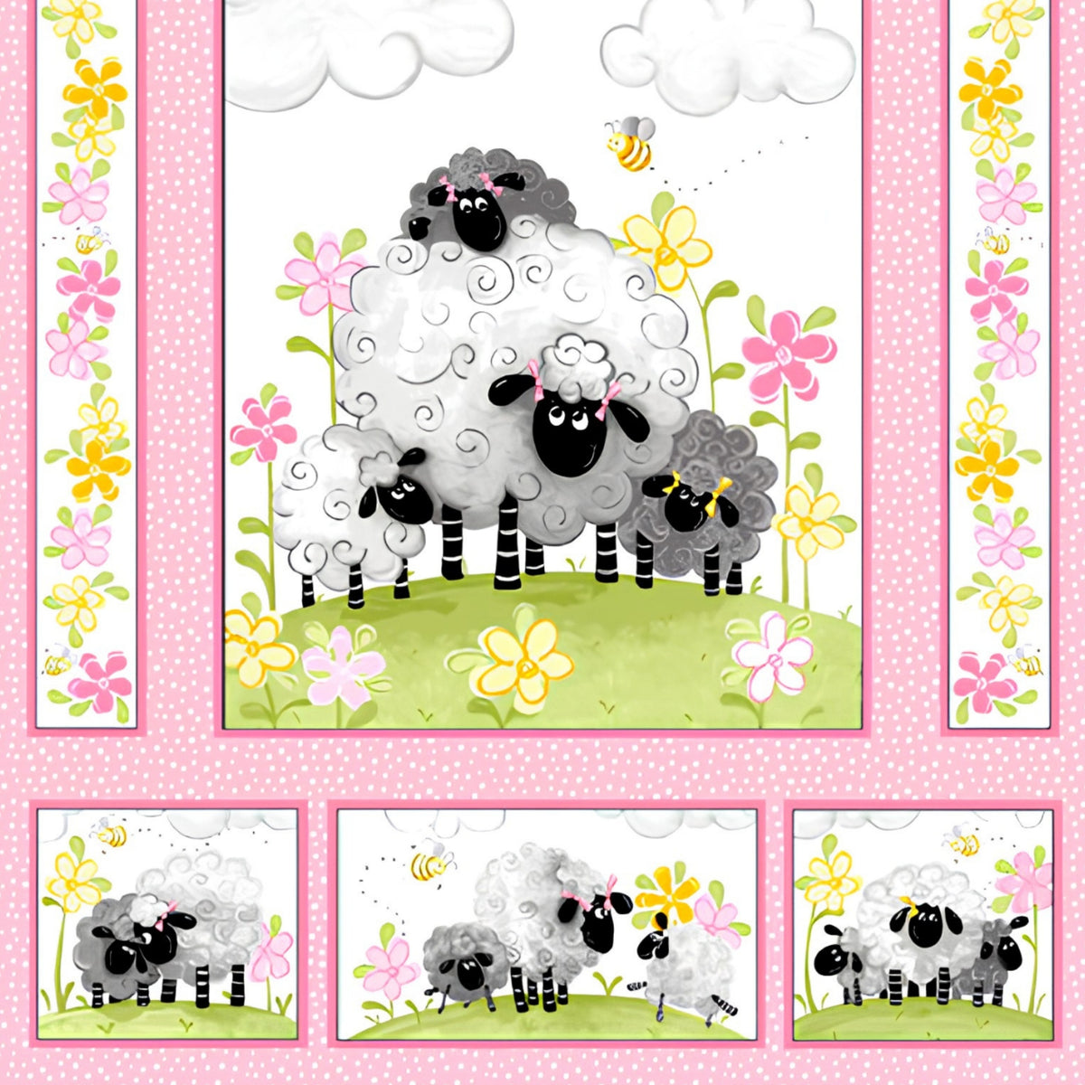 Lal the Lamb Mama Lal quilt panel pink sheep family meadow flowers bees novelty kids quilting fabric baby quilts nursery wall hangings
