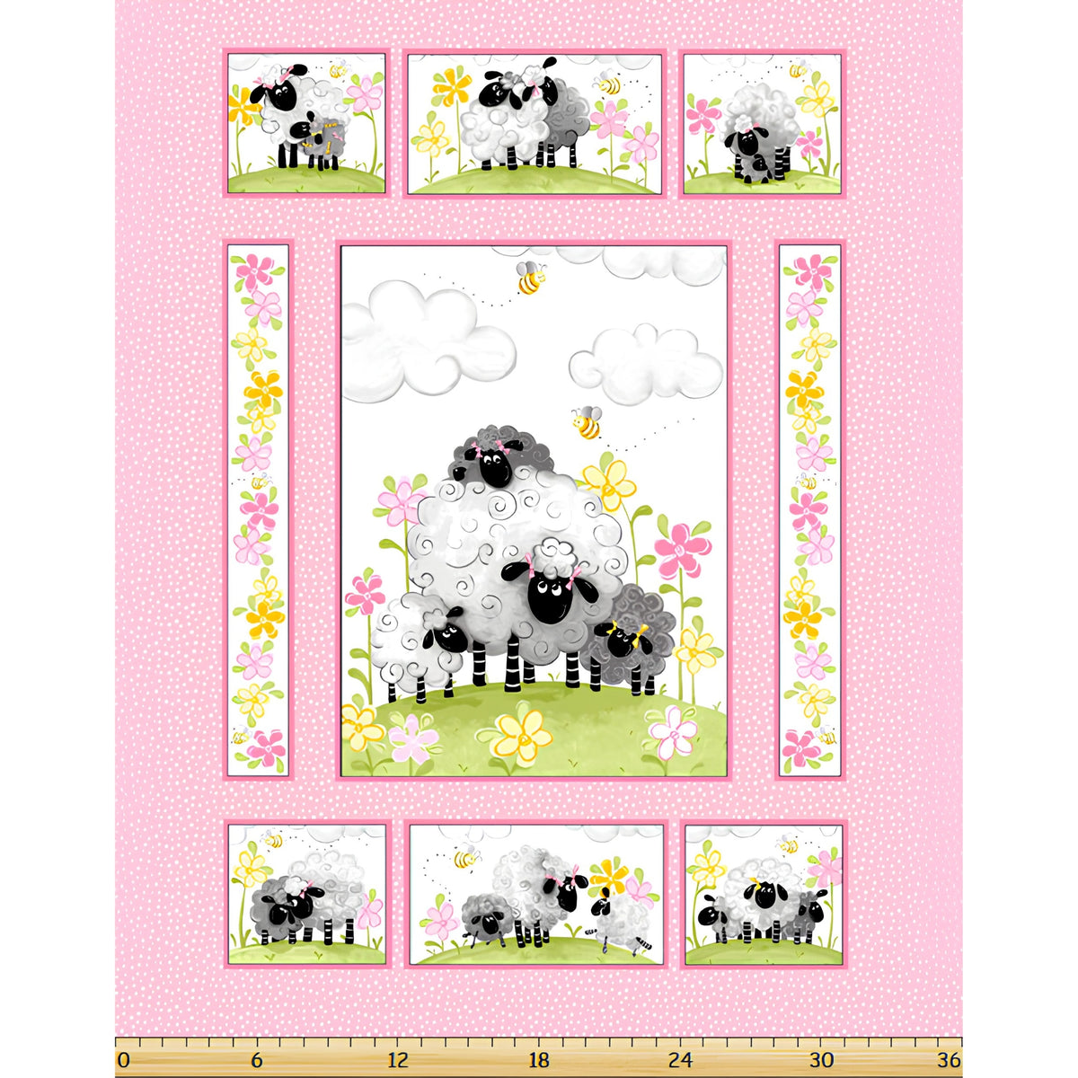 Lal the Lamb Mama Lal quilt panel pink sheep family meadow flowers bees novelty kids quilting fabric baby quilts nursery wall hangings