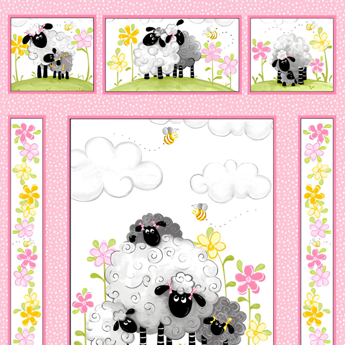 Lal the Lamb Mama Lal quilt panel pink sheep family meadow flowers bees novelty kids quilting fabric baby quilts nursery wall hangings