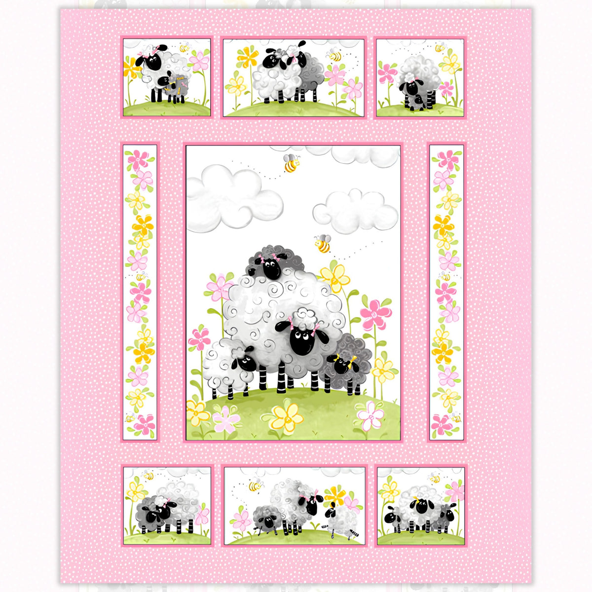 Lal the Lamb Mama Lal quilt panel pink sheep family meadow flowers bees novelty kids quilting fabric baby quilts nursery wall hangings