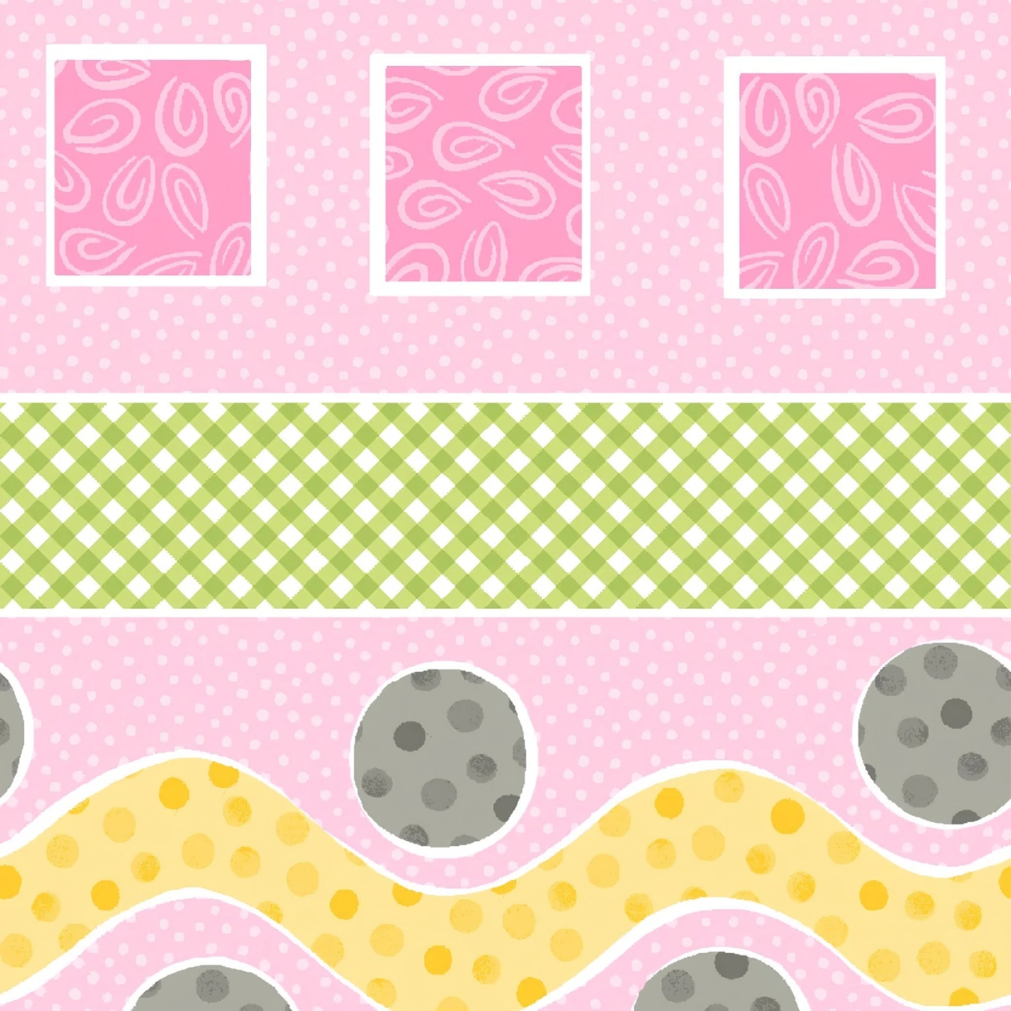 Lal the Lamb Mama Lal rickrack stripe pink yellow grey green gingham dots novelty kids quilting fabric baby quilts borders coordinate
