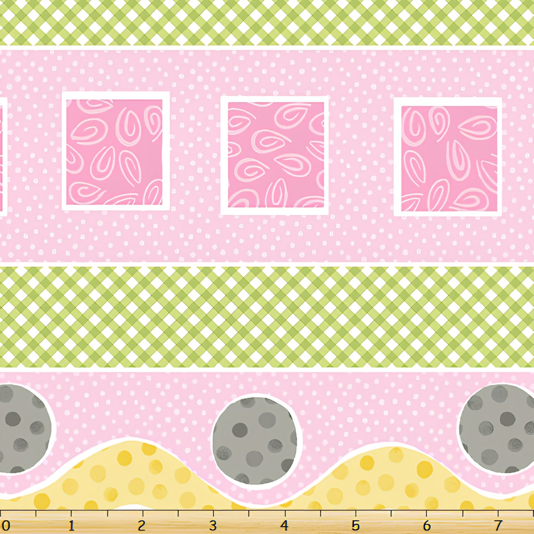 Lal the Lamb Mama Lal rickrack stripe pink yellow grey green gingham dots novelty kids quilting fabric baby quilts borders coordinate