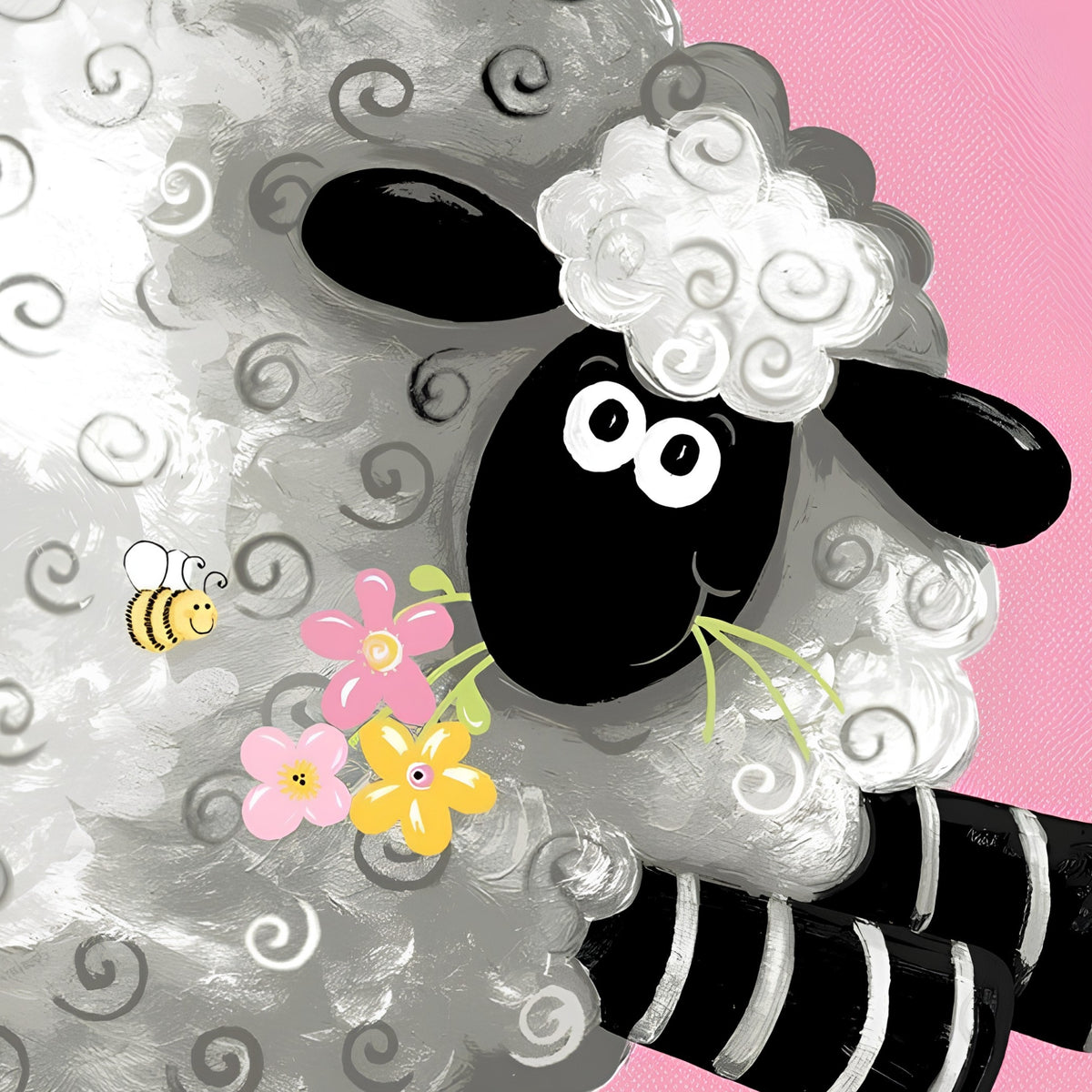 Lal the Lamb playmat panel pink fluffy sheep stripy legs flowers bee novelty kids quilting fabric baby quilts nursery wall hangings