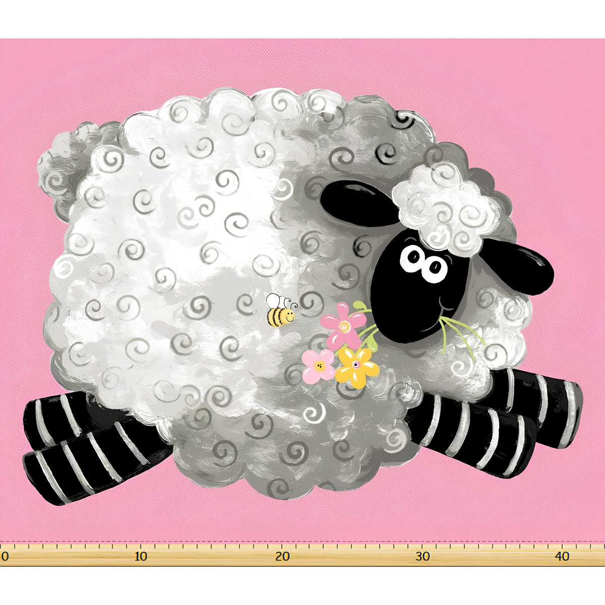 Lal the Lamb playmat panel pink fluffy sheep stripy legs flowers bee novelty kids quilting fabric baby quilts nursery wall hangings