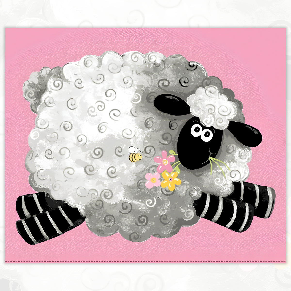 Lal the Lamb playmat panel pink fluffy sheep stripy legs flowers bee novelty kids quilting fabric baby quilts nursery wall hangings