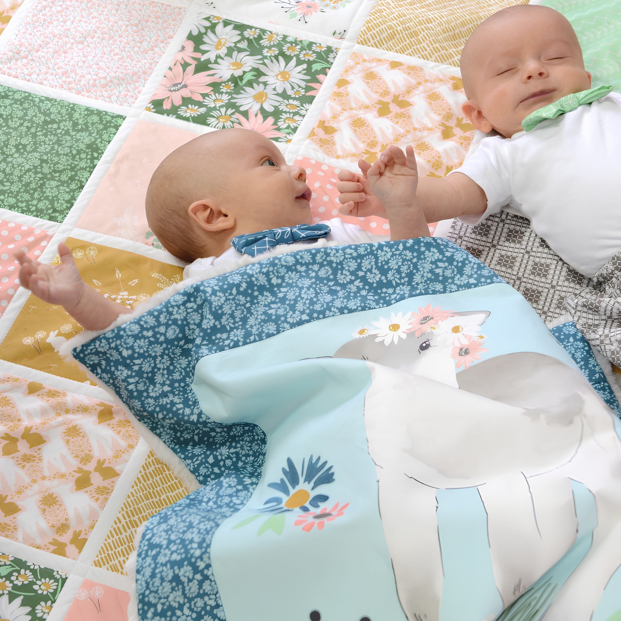 Lamb collection cheater quilt print blue project panel pink mint mustard green quilting cotton fabric baby quilt play mat for newborns and nursery projects