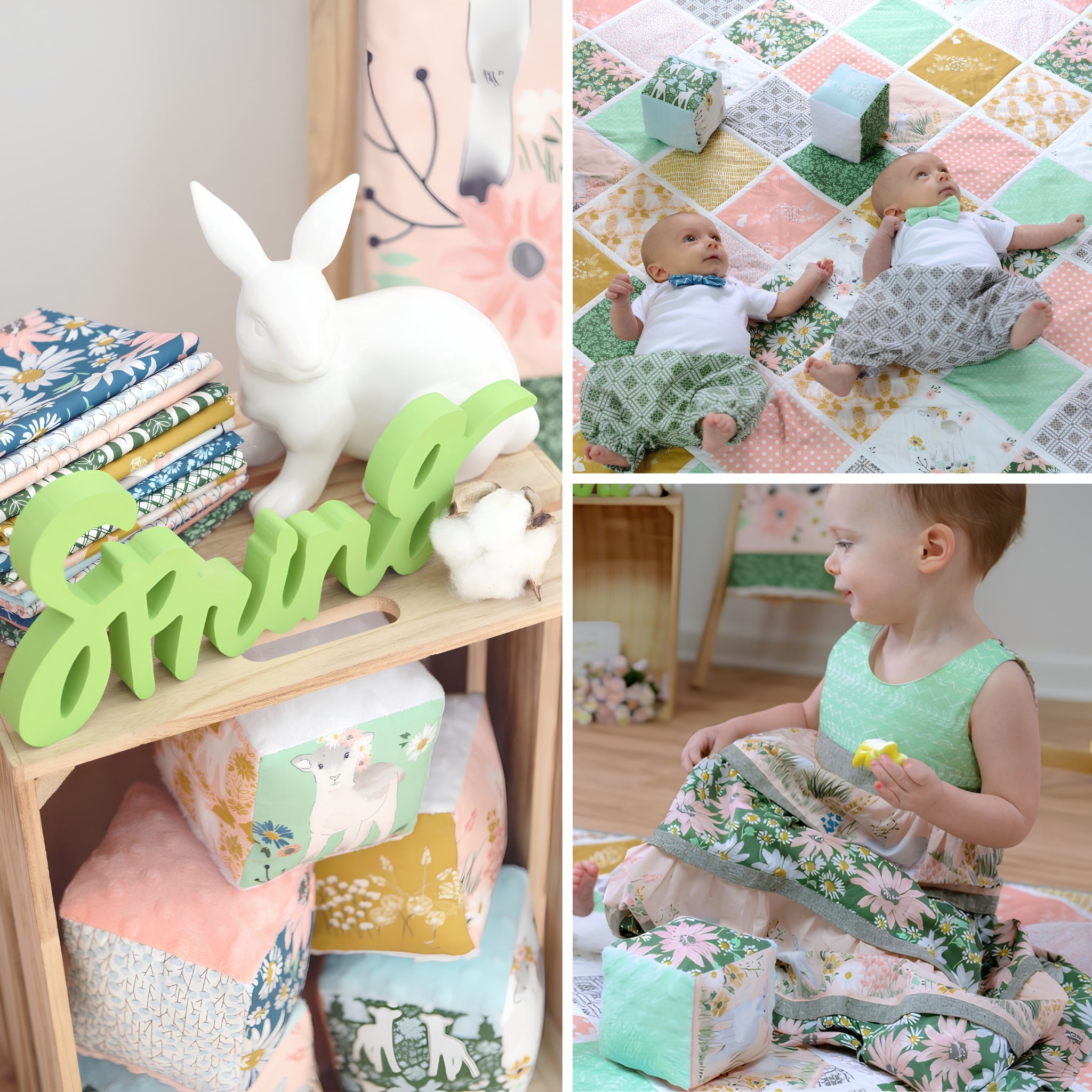 Lamb collection pink mint green mustard novelty quilting cotton fabric soft baby rattle blocks play mat newborn baby nursery projects