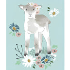 Lamb wildflower project panel blue teal pink quilting cotton fabric for baby quilts nursery wall hangings cushions and patchwork sewing projects