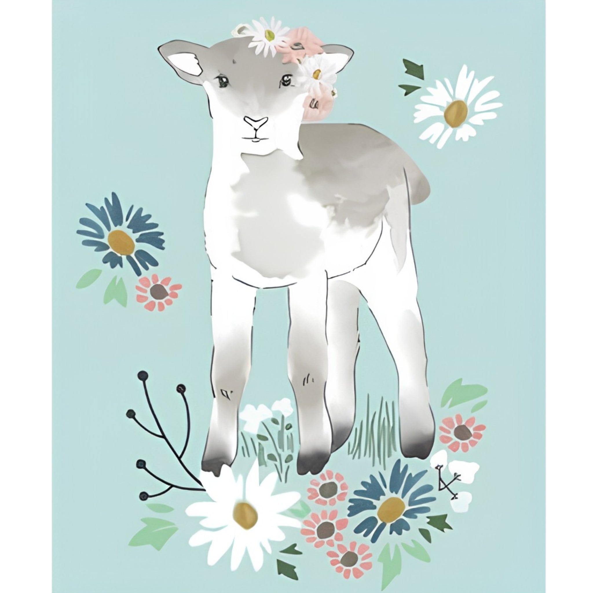 Lamb wildflower project panel blue teal pink quilting cotton fabric for baby quilts nursery wall hangings cushions and patchwork sewing projects