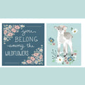 Lamb wildflower project panel blue teal pink quilting cotton fabric for baby quilts nursery wall hangings cushions and patchwork sewing projects