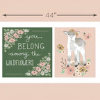 Lamb wildflower project panel pink green quilting cotton fabric for baby quilts nursery wall hangings cushions and patchwork sewing projects