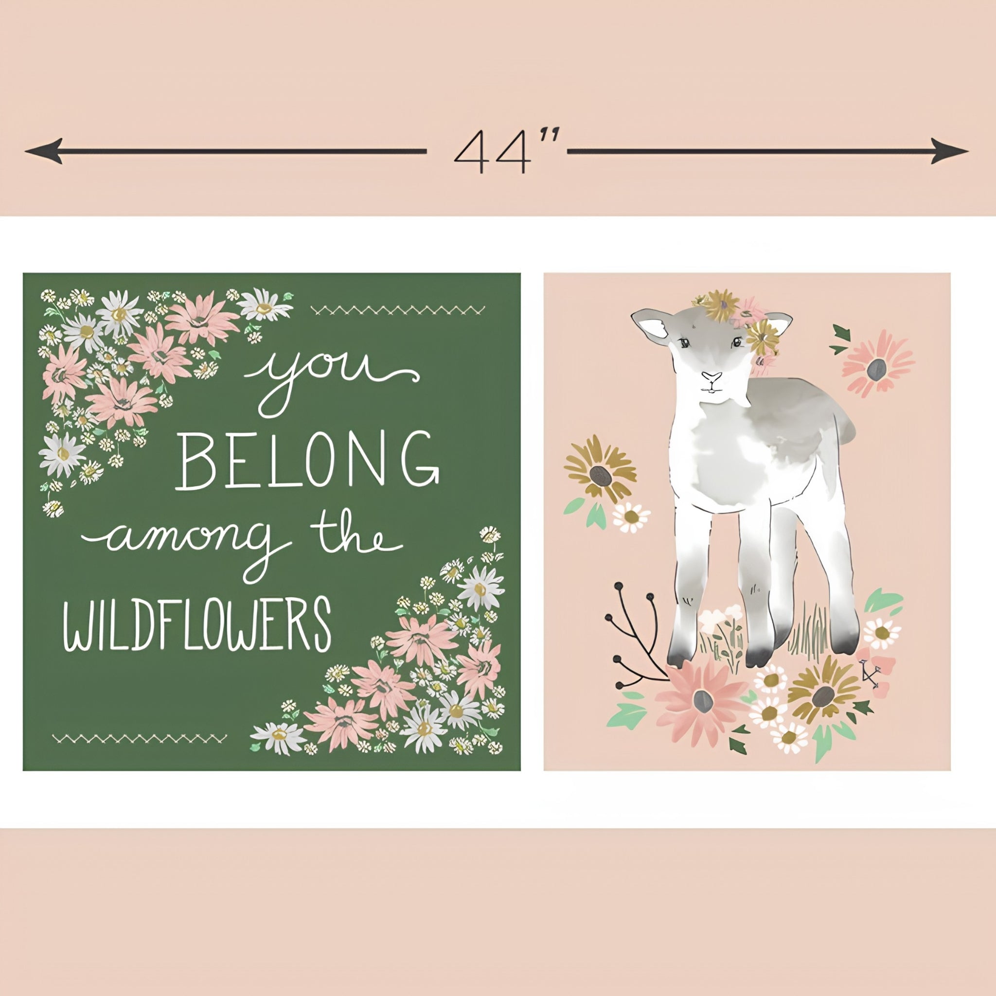 Lamb wildflower project panel pink green quilting cotton fabric for baby quilts nursery wall hangings cushions and patchwork sewing projects