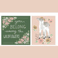 Lamb wildflower project panel pink green quilting cotton fabric for baby quilts nursery wall hangings cushions and patchwork sewing projects