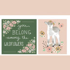 Lamb wildflower project panel pink green quilting cotton fabric for baby quilts nursery wall hangings cushions and patchwork sewing projects