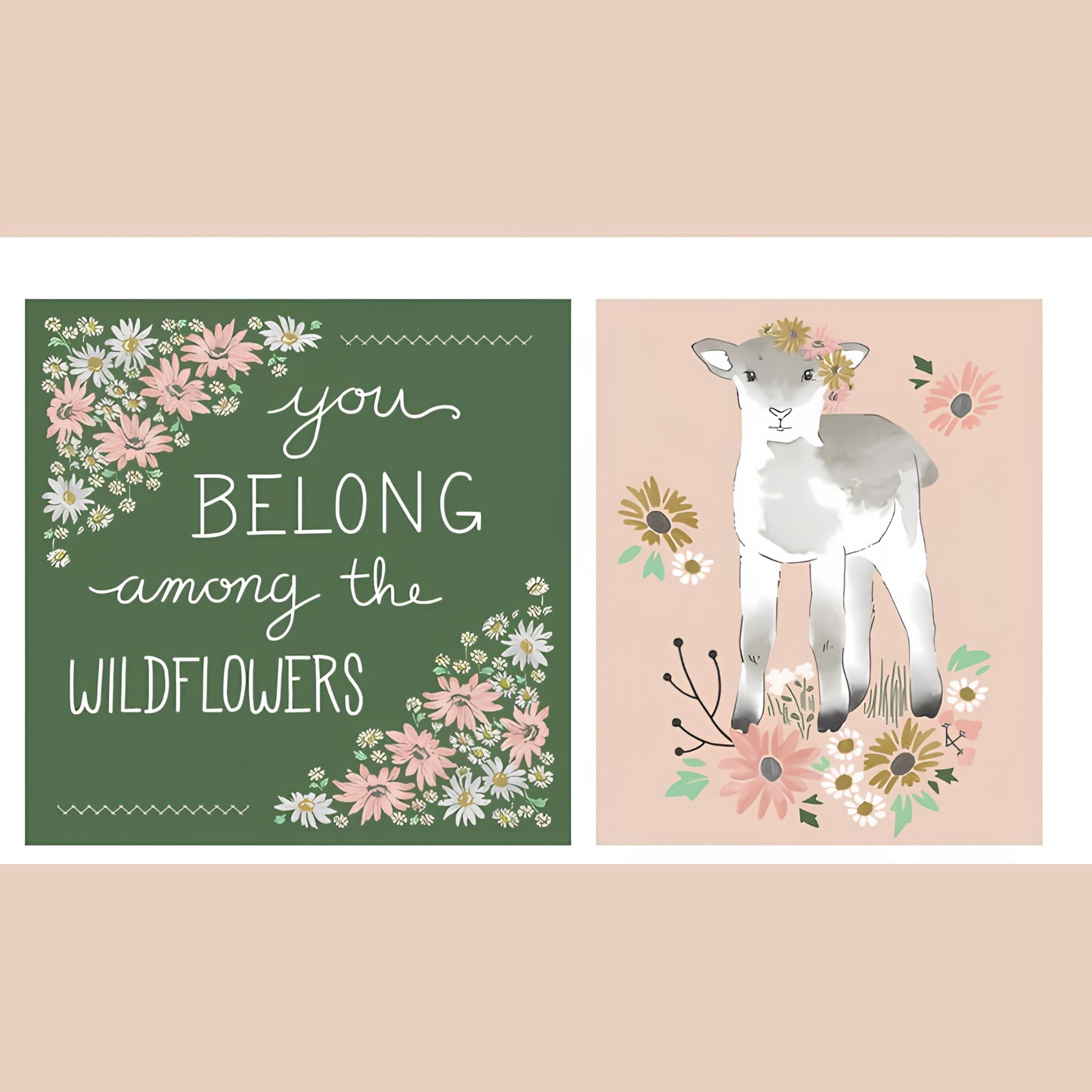 Lamb wildflower project panel pink green quilting cotton fabric for baby quilts nursery wall hangings cushions and patchwork sewing projects