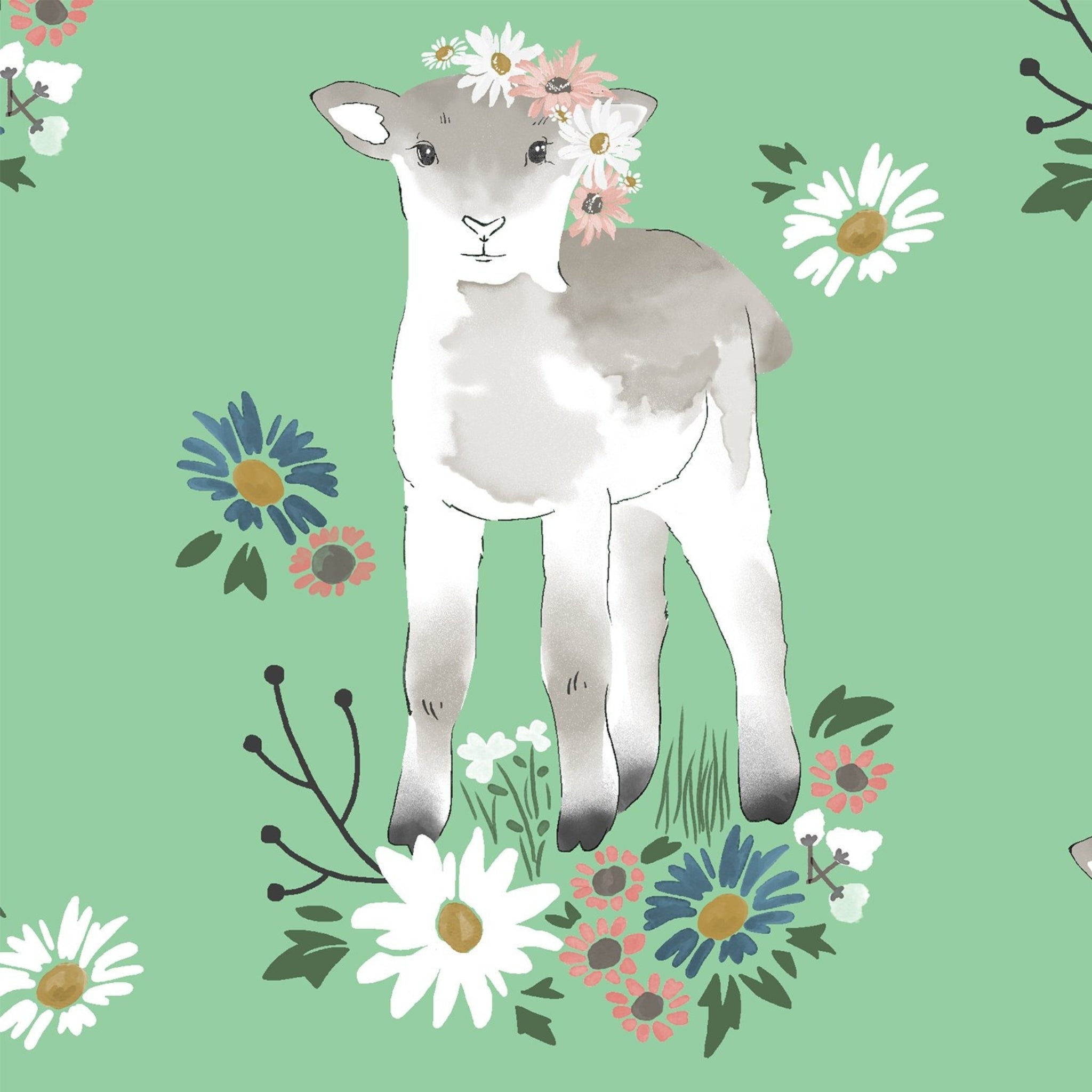 Watercolour lamb flower crown daisy wildflower sprout green novelty quilting cotton fabric for baby quilts children's quilts and nursery projects