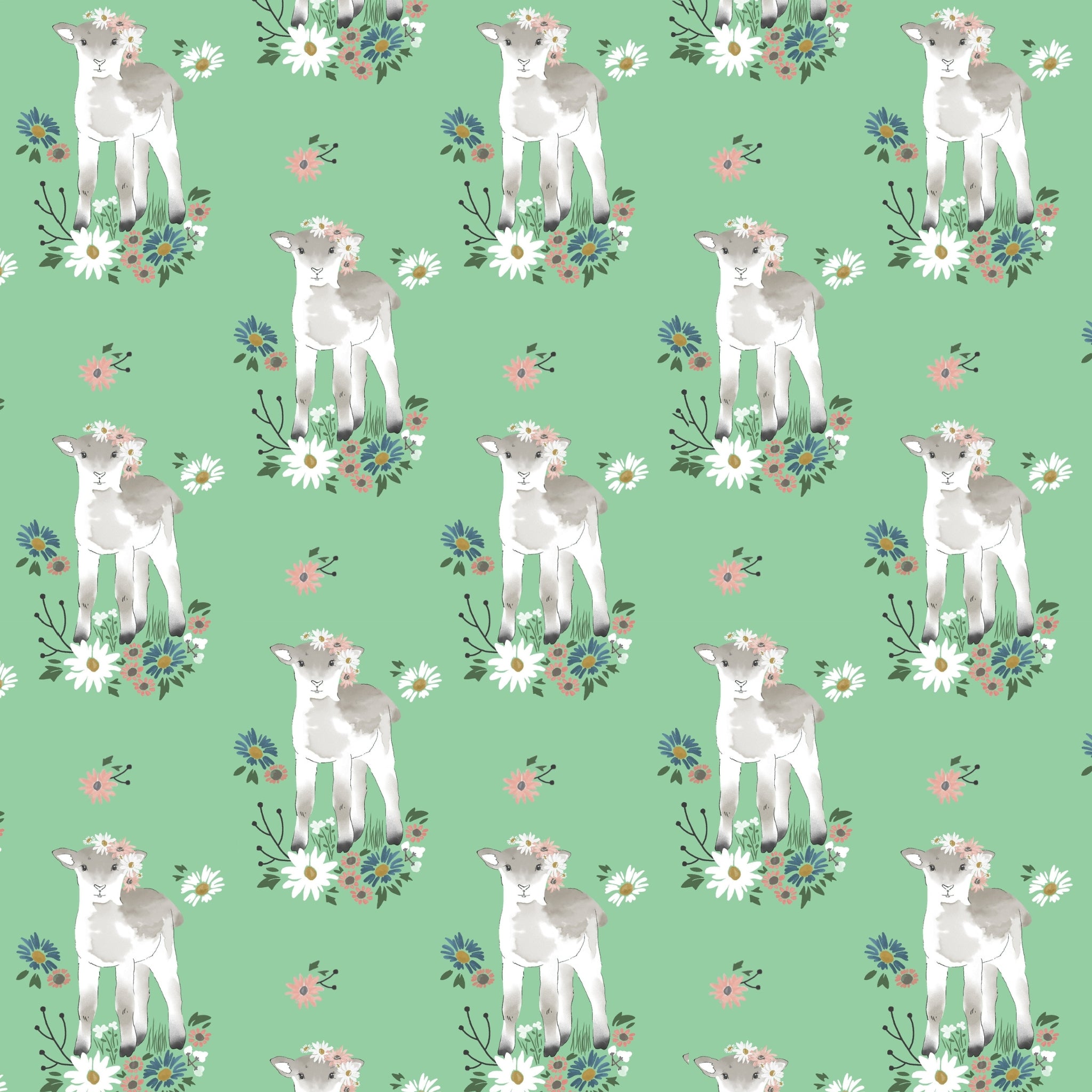 Watercolour lamb flower crown daisy wildflower sprout green novelty quilting cotton fabric for baby quilts children's quilts and nursery projects