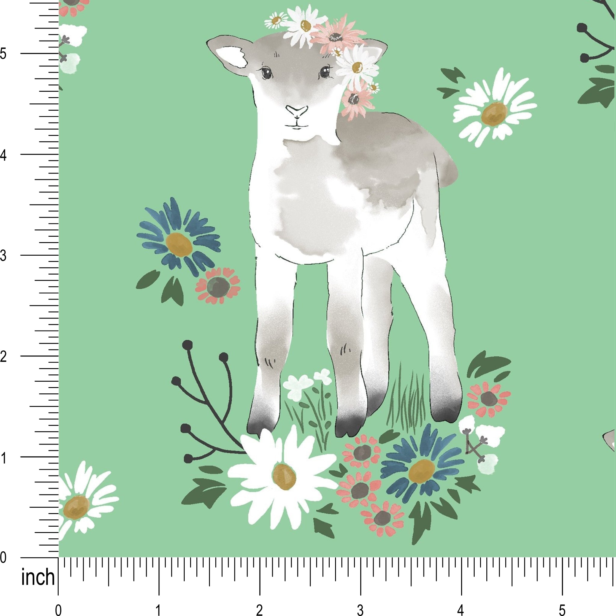 Watercolour lamb flower crown daisy wildflower sprout green novelty quilting cotton fabric for baby quilts children's quilts and nursery projects