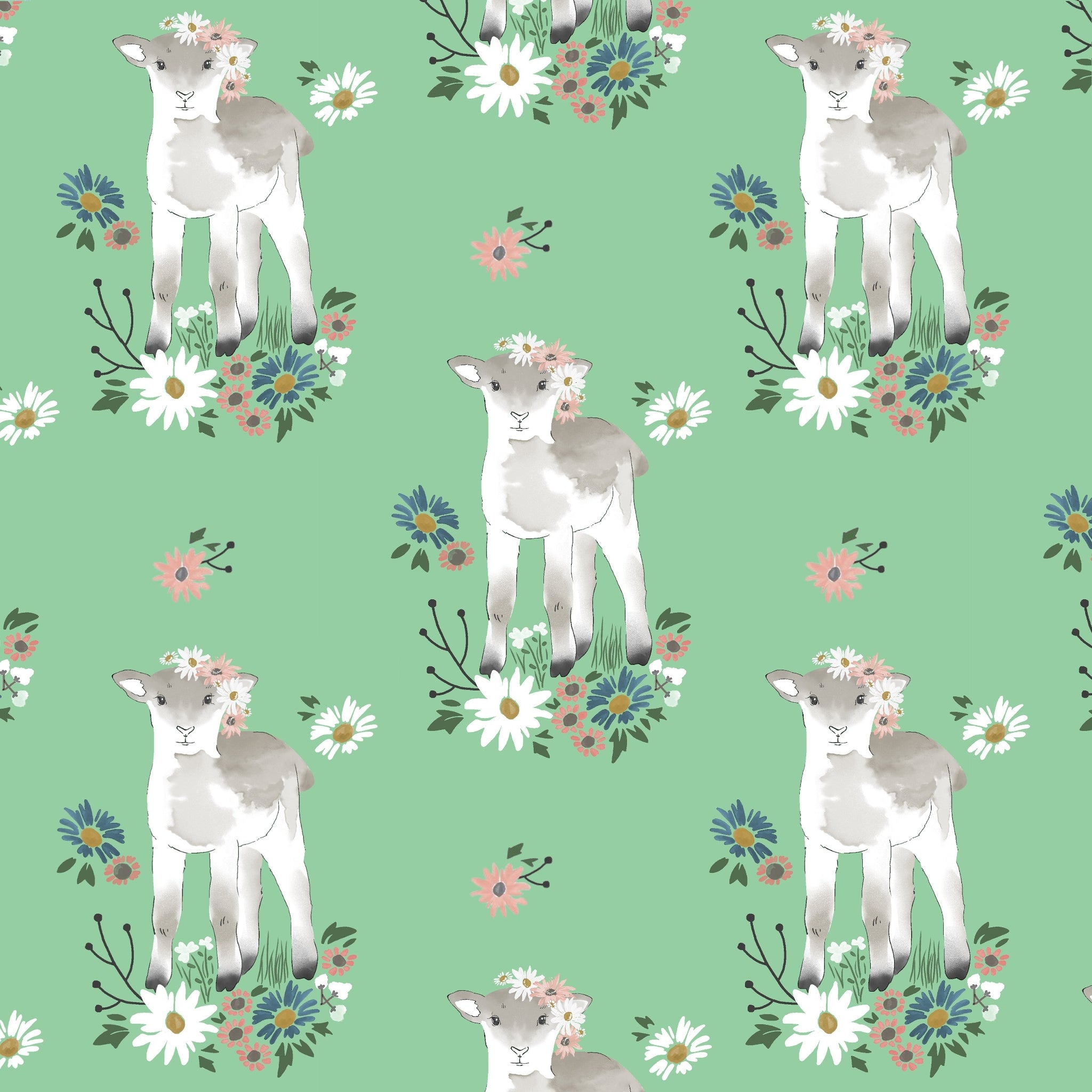 Watercolour lamb flower crown daisy wildflower sprout green novelty quilting cotton fabric for baby quilts children's quilts and nursery projects