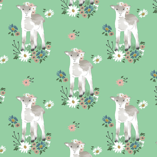 Watercolour lamb flower crown daisy wildflower sprout green novelty quilting cotton fabric for baby quilts children's quilts and nursery projects