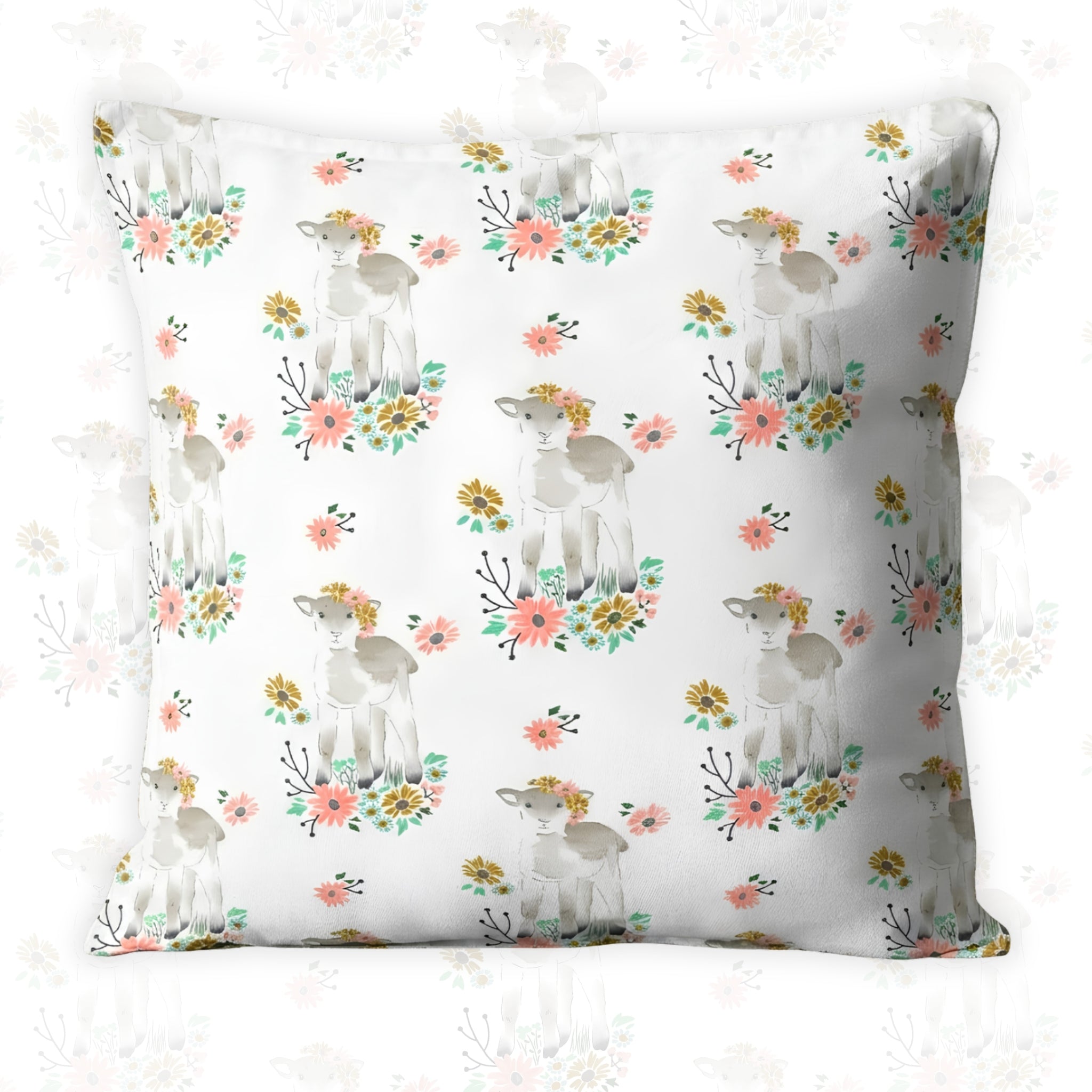 Watercolour lamb flower crown daisy wildflower white quilting cotton fabric for cushion covers baby quilts and nursery projects