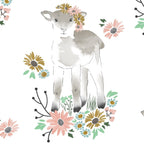 Watercolour lamb flower crown daisy wildflower white novelty quilting cotton fabric for baby quilts children's quilts and nursery projects
