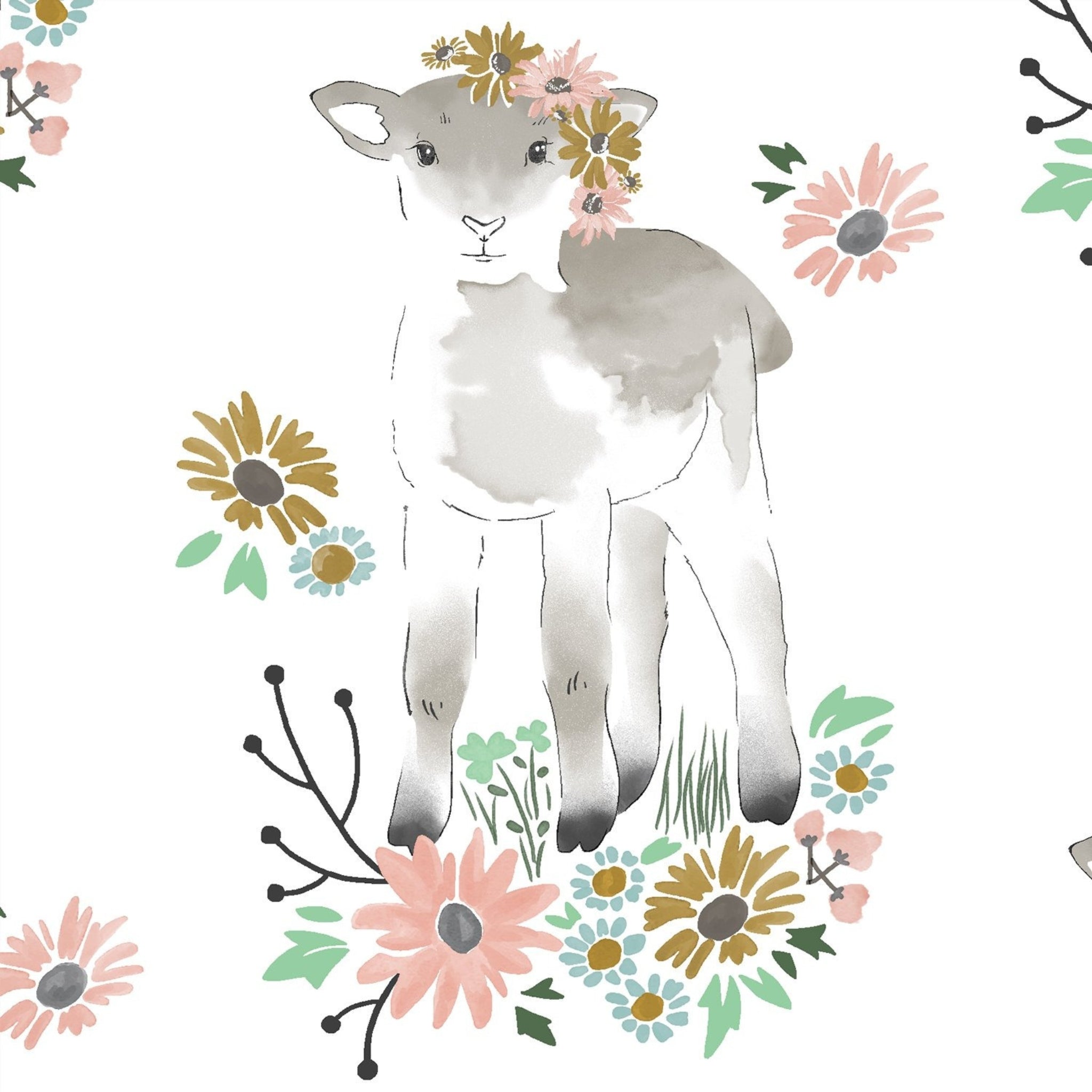 Watercolour lamb flower crown daisy wildflower white novelty quilting cotton fabric for baby quilts children's quilts and nursery projects