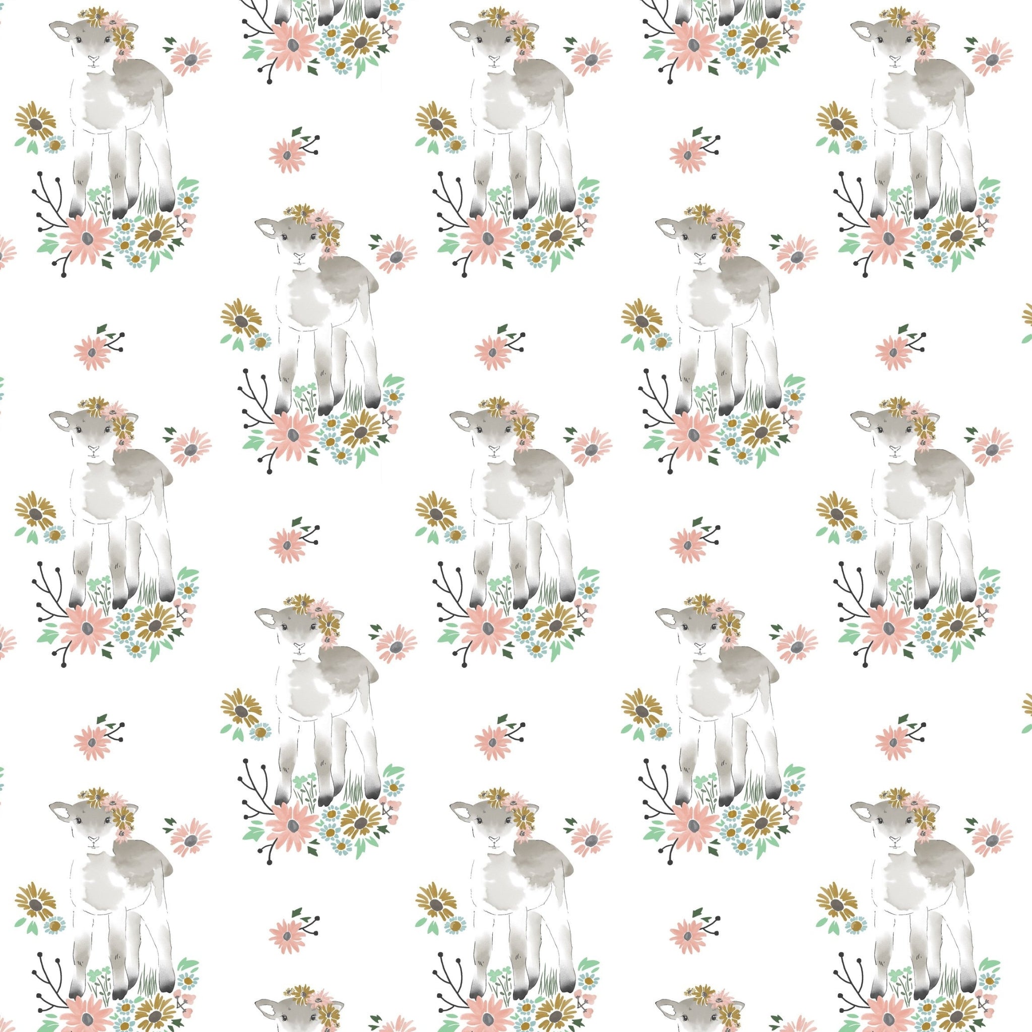 Watercolour lamb flower crown daisy wildflower white novelty quilting cotton fabric for baby quilts children's quilts and nursery projects