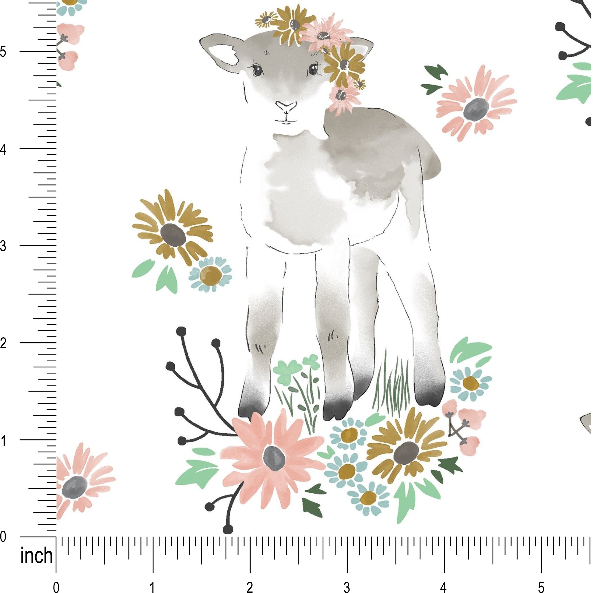Watercolour lamb flower crown daisy wildflower white novelty quilting cotton fabric for baby quilts children's quilts and nursery projects