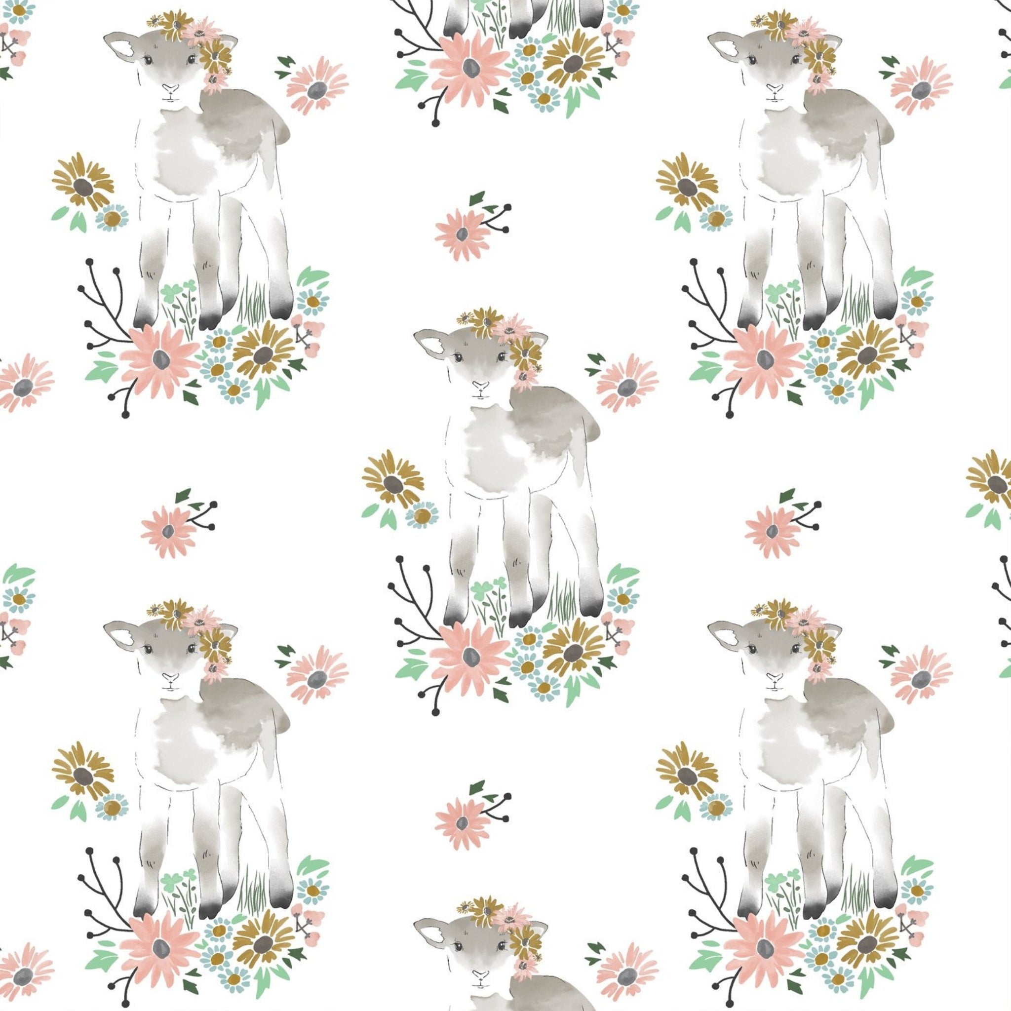 Watercolour lamb flower crown daisy wildflower white novelty quilting cotton fabric for baby quilts children's quilts and nursery projects