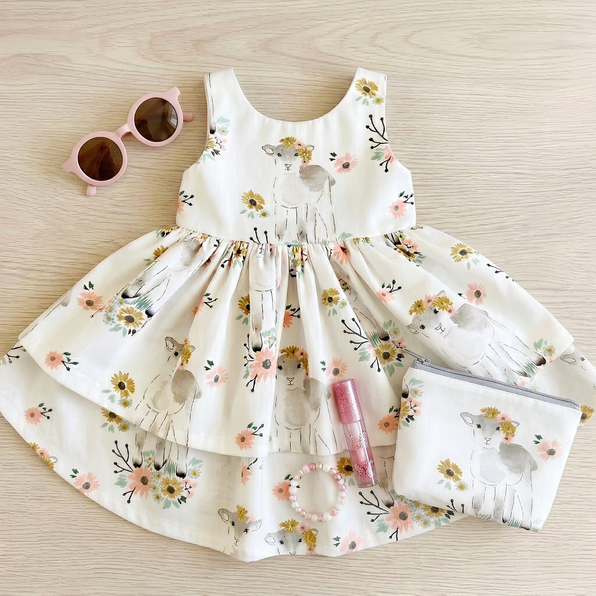 Watercolour lamb flower crown white quilting cotton fabric for girls dresses zippered pouches children's clothing and accessories