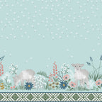 Lamb spring meadow border print glacier blue dandelion wildflower quilting cotton fabric for baby quilts nursery wall hangings and patchwork sewing projects