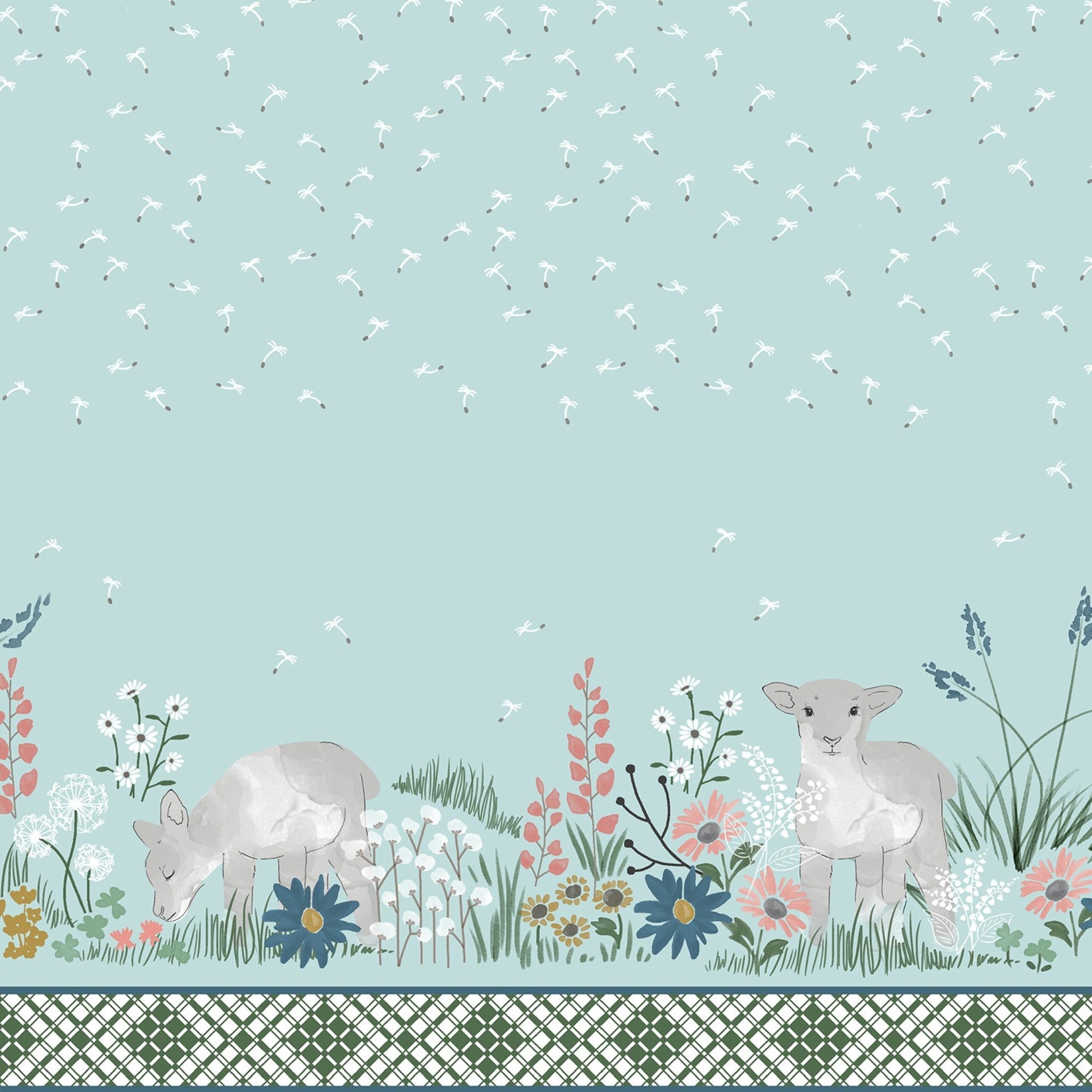 Lamb spring meadow border print glacier blue dandelion wildflower quilting cotton fabric for baby quilts nursery wall hangings and patchwork sewing projects