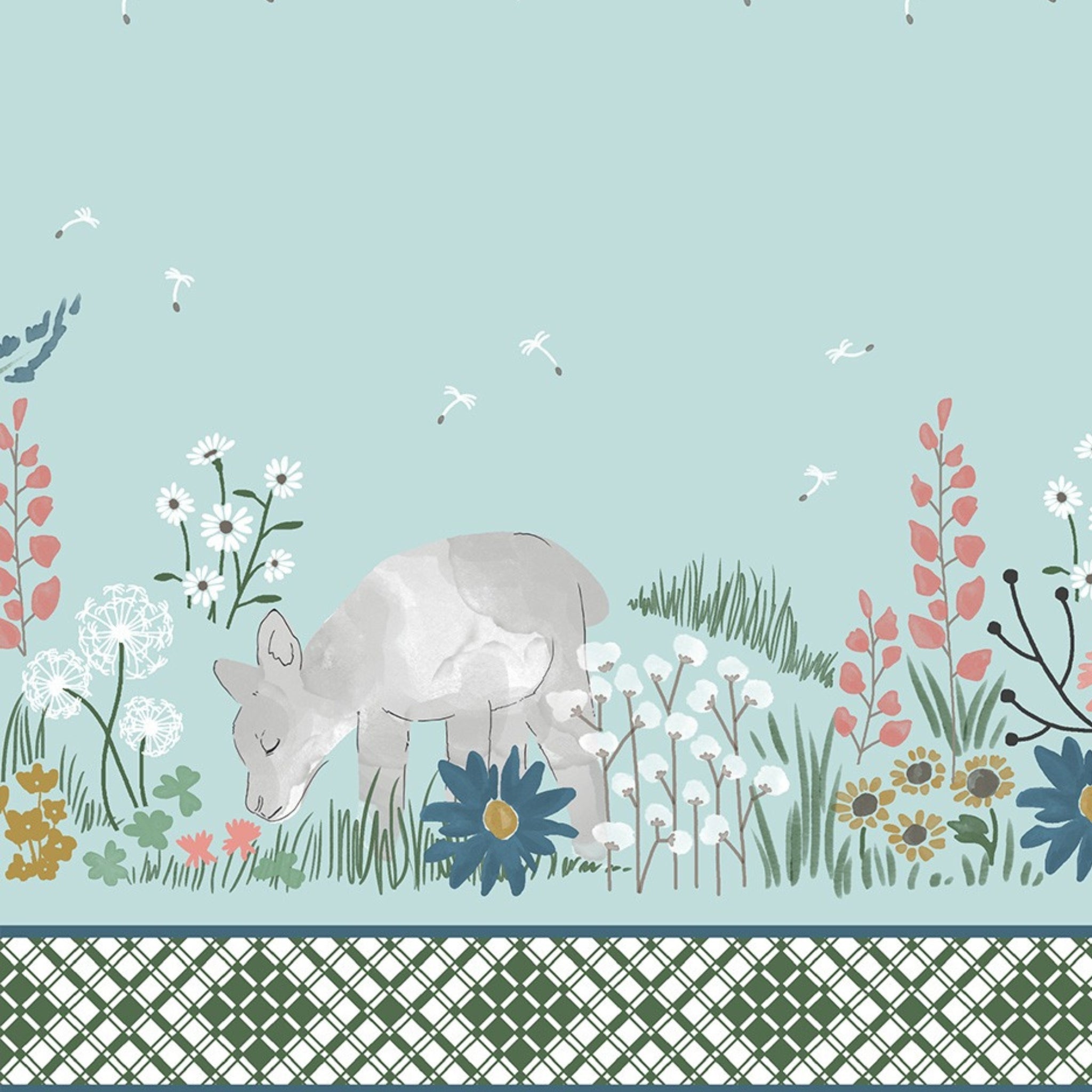 Lamb spring meadow border print glacier blue dandelion wildflower quilting cotton fabric for baby quilts nursery wall hangings and patchwork sewing projects