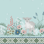 Lamb spring meadow border print glacier blue dandelion wildflower quilting cotton fabric for baby quilts nursery wall hangings and patchwork sewing projects