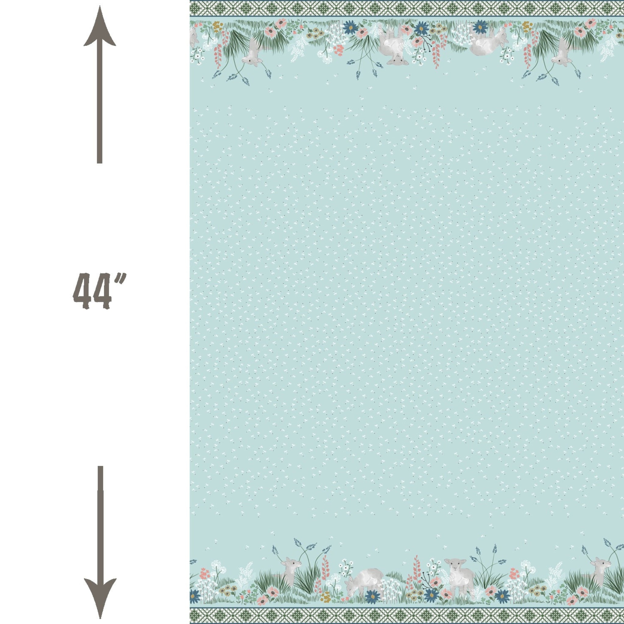 Lamb spring meadow border print glacier blue dandelion wildflower quilting cotton fabric for baby quilts nursery wall hangings and patchwork sewing projects