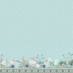 Lamb spring meadow border print glacier blue dandelion wildflower quilting cotton fabric for baby quilts nursery wall hangings and patchwork sewing projects