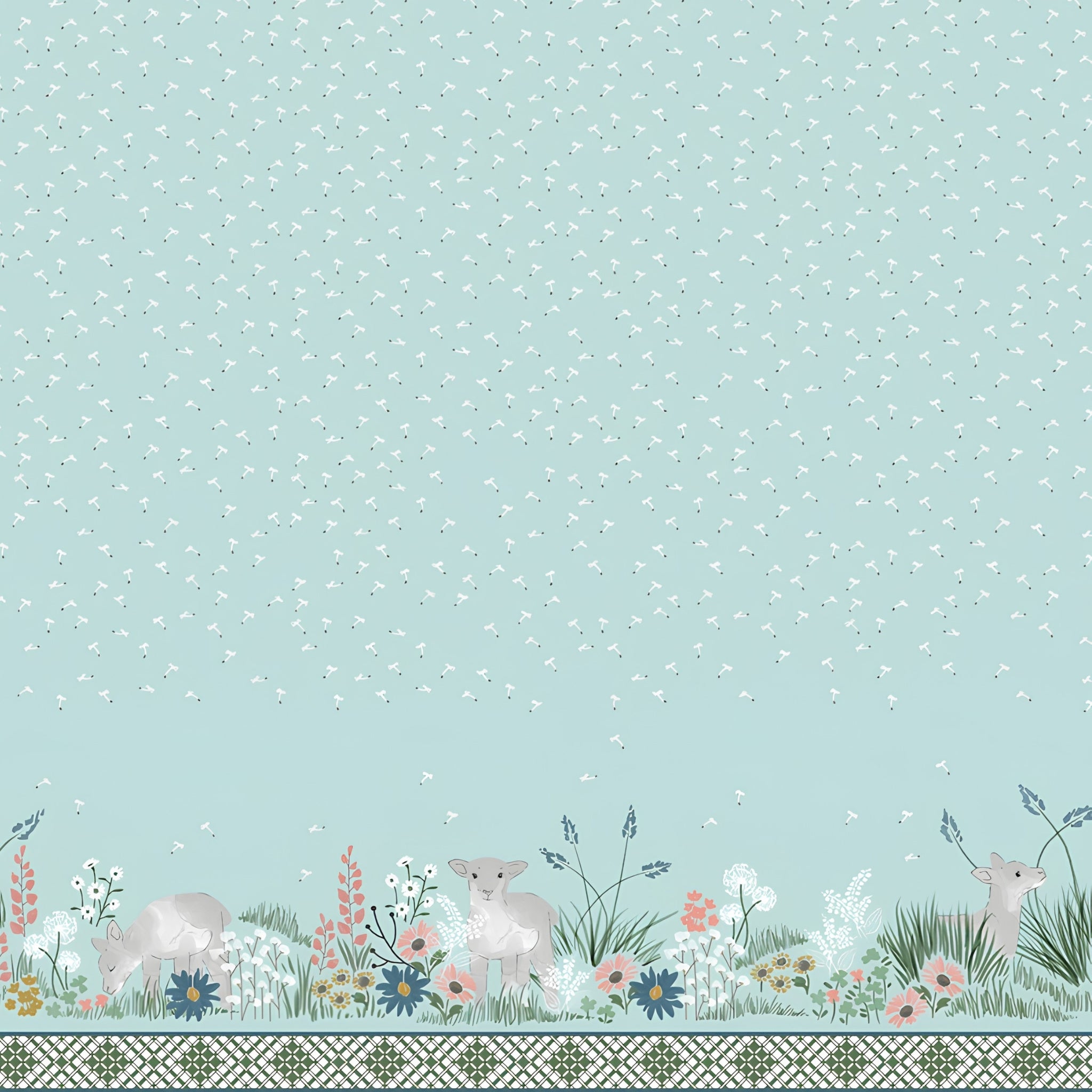 Lamb spring meadow border print glacier blue dandelion wildflower quilting cotton fabric for baby quilts nursery wall hangings and patchwork sewing projects