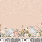 Lamb spring meadow border print shell pink dandelion wildflower quilting cotton fabric for baby quilts nursery wall hangings and patchwork sewing projects