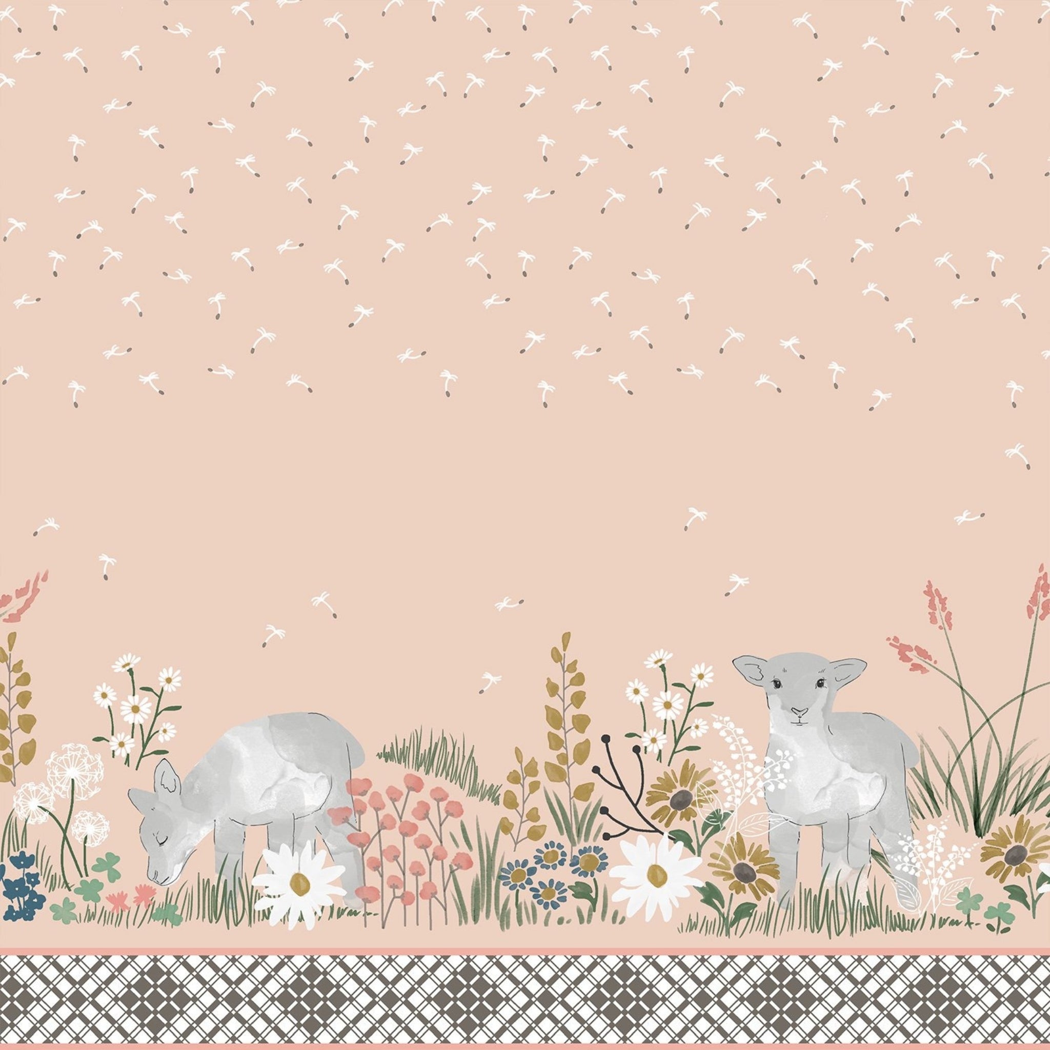 Lamb spring meadow border print shell pink dandelion wildflower quilting cotton fabric for baby quilts nursery wall hangings and patchwork sewing projects