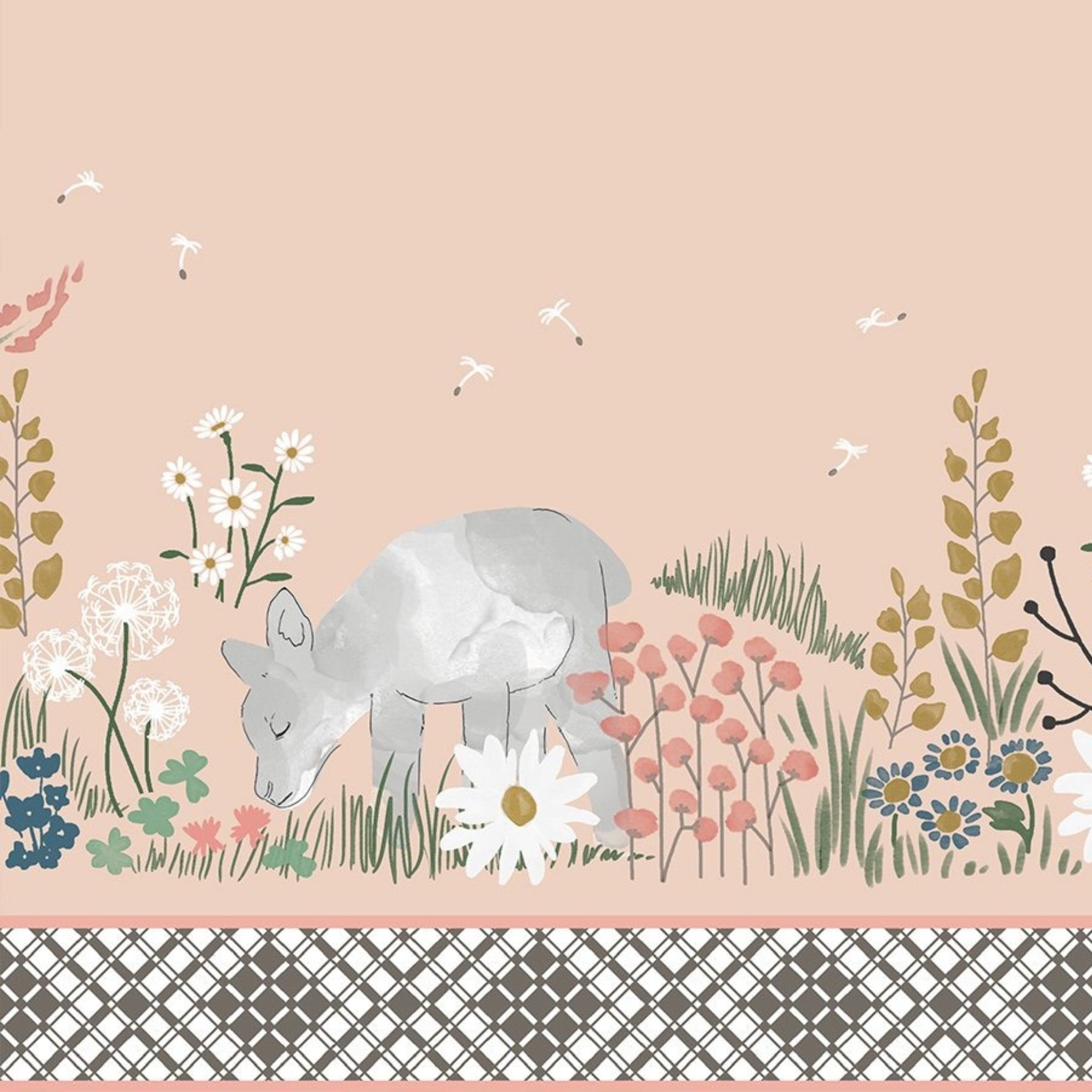 Lamb spring meadow border print shell pink dandelion wildflower quilting cotton fabric for baby quilts nursery wall hangings and patchwork sewing projects