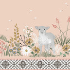 Lamb spring meadow border print shell pink dandelion wildflower quilting cotton fabric for baby quilts nursery wall hangings and patchwork sewing projects