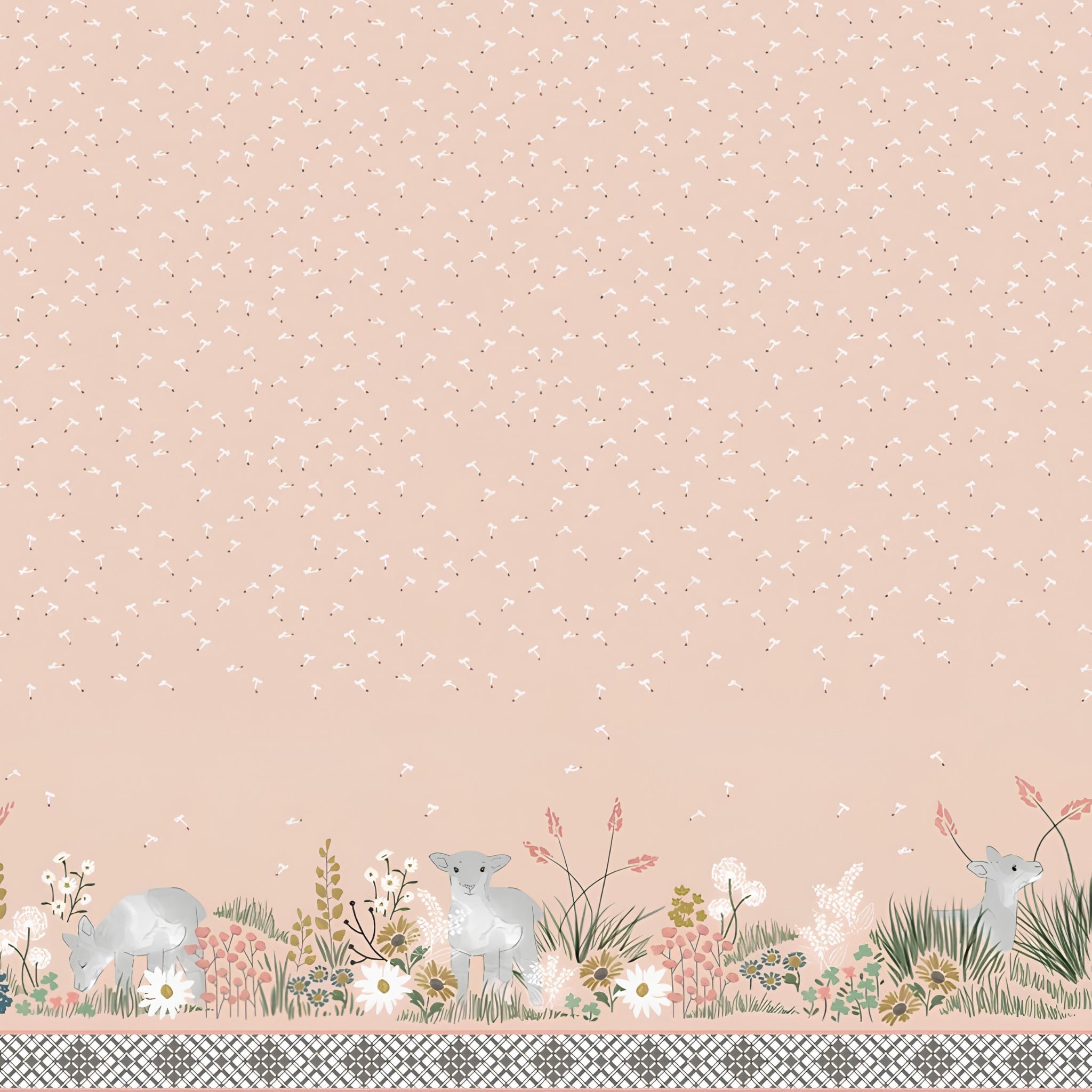 Lamb spring meadow border print shell pink dandelion wildflower quilting cotton fabric for baby quilts nursery wall hangings and patchwork sewing projects