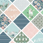 Lamb collection blue cheater quilt print teal navy mint blush on-point diamonds novelty quilting cotton fabric for baby quilts cot quilts and nursery projects