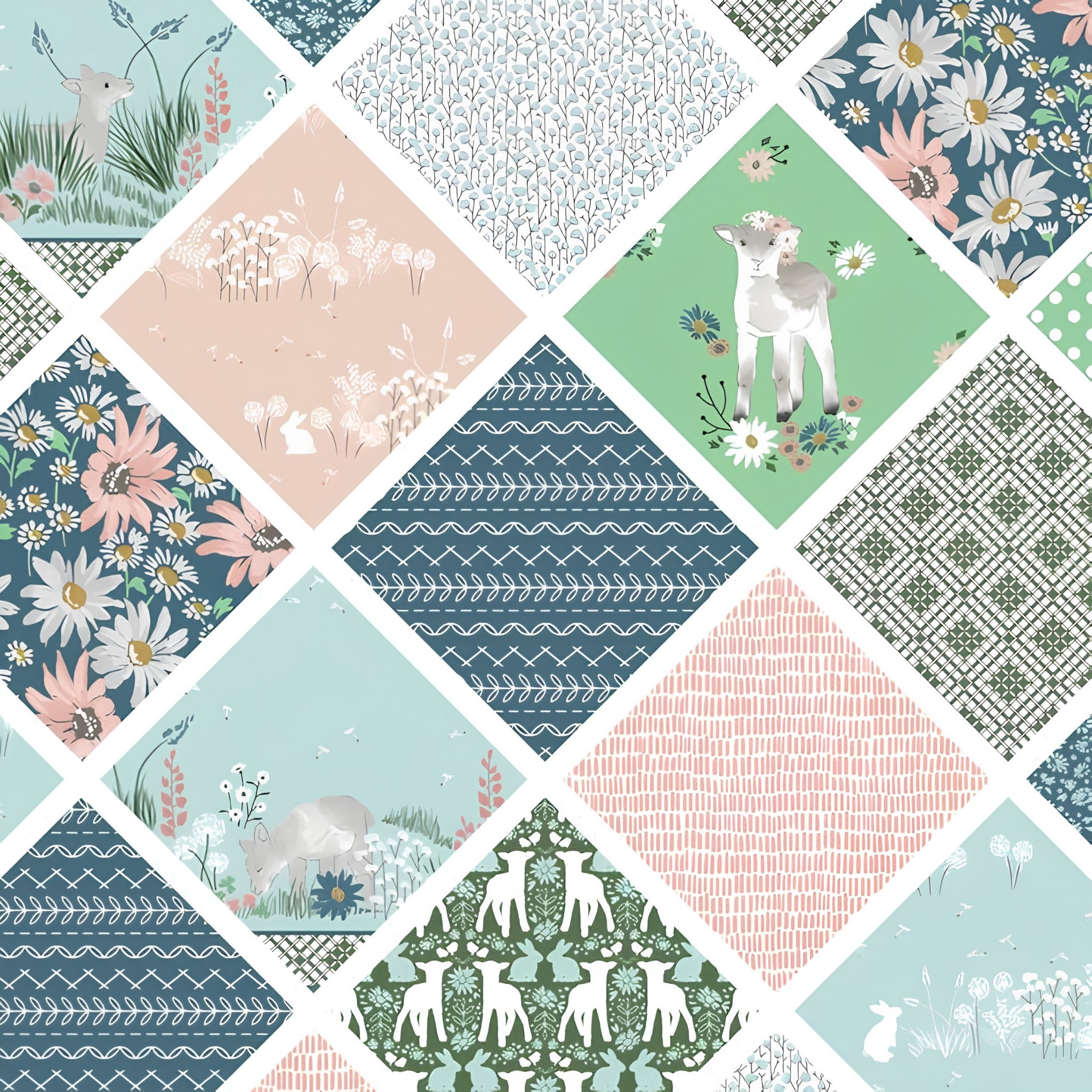 Lamb collection blue cheater quilt print teal navy mint blush on-point diamonds novelty quilting cotton fabric for baby quilts cot quilts and nursery projects