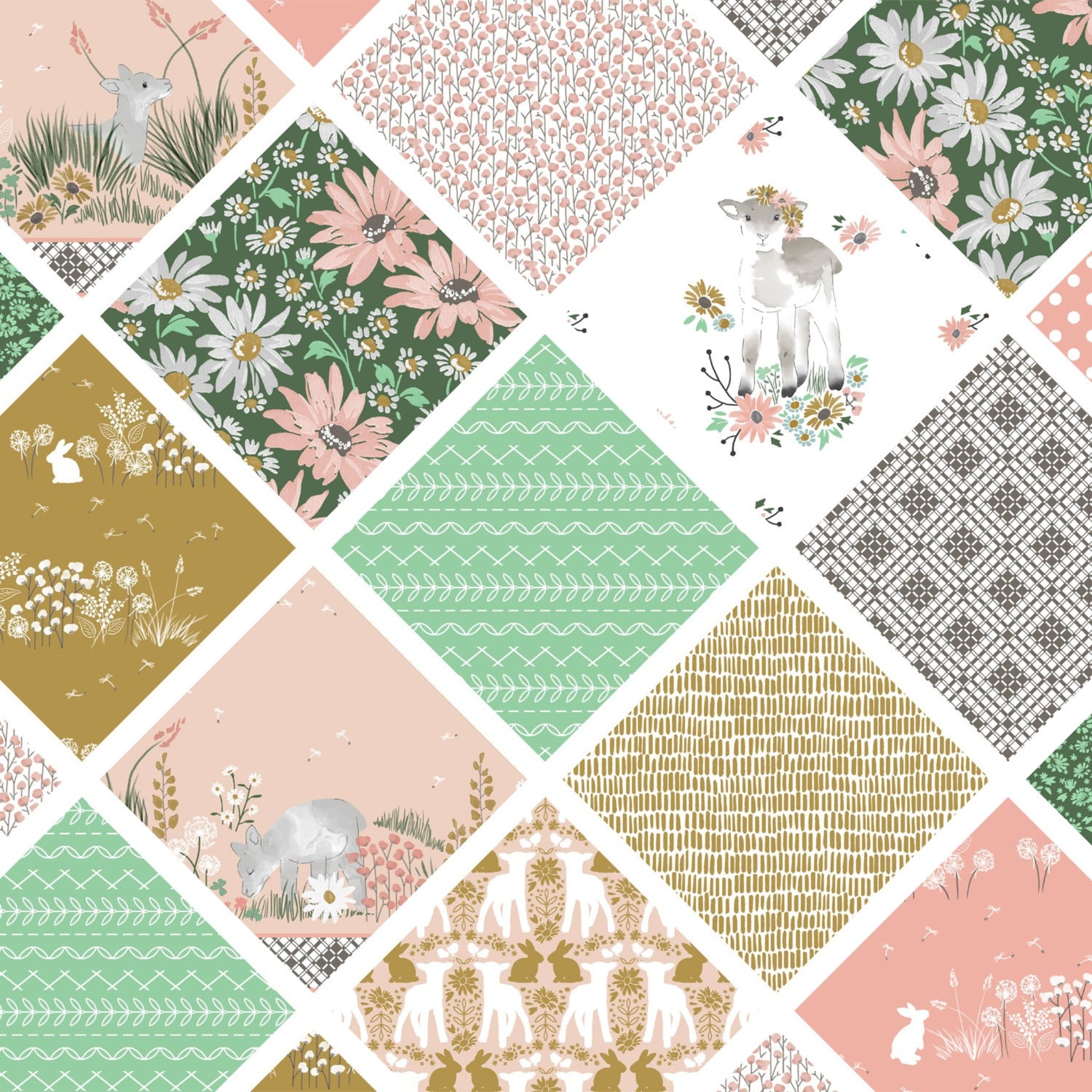 Lamb collection cheater quilt print pink mint mustard green diamond patchwork novelty quilting cotton fabric for baby quilts and nursery projects