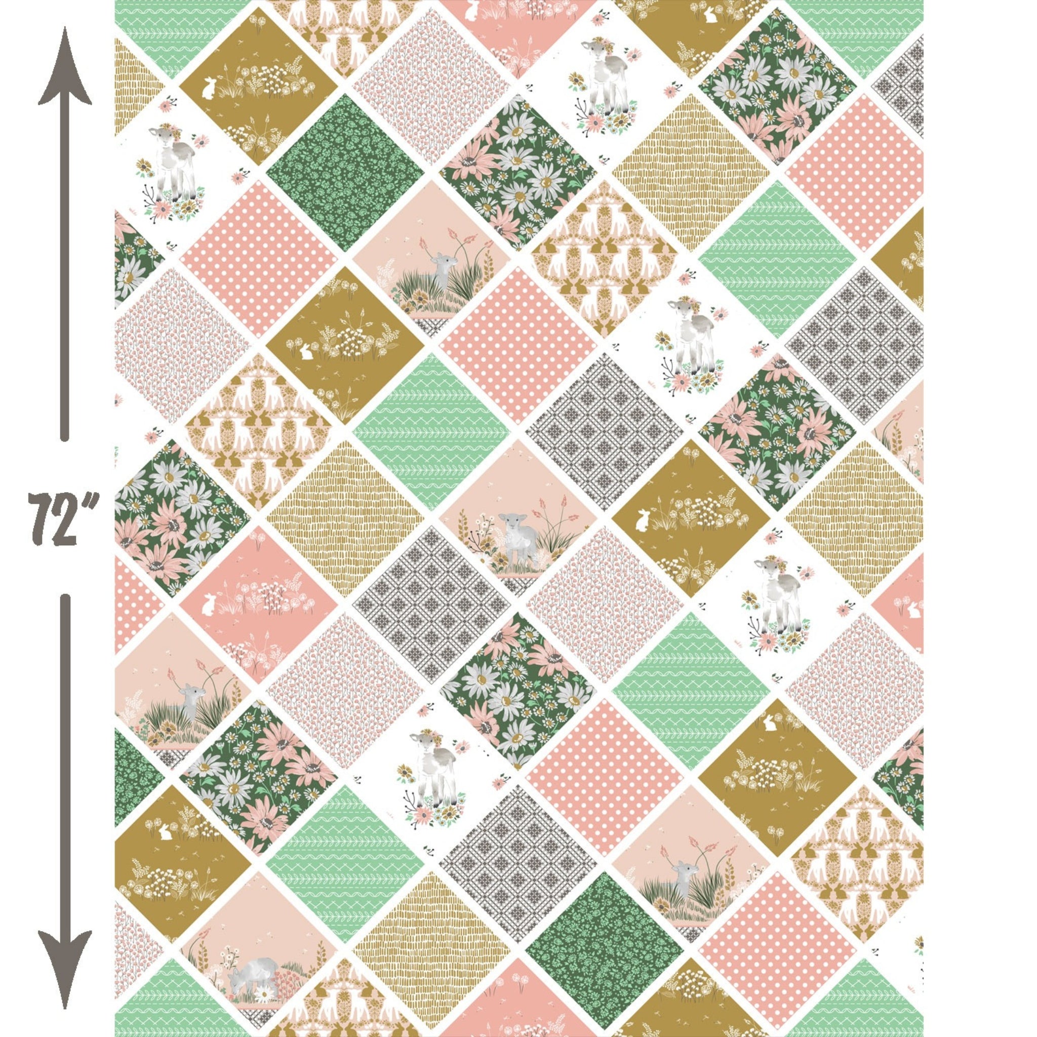 Lamb collection cheater quilt print pink mint mustard green on-point diamonds novelty quilting cotton fabric for baby quilts and cot quilts