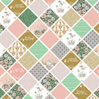 Lamb collection cheater quilt print pink mint mustard green diamond patchwork novelty quilting cotton fabric for baby quilts and nursery projects