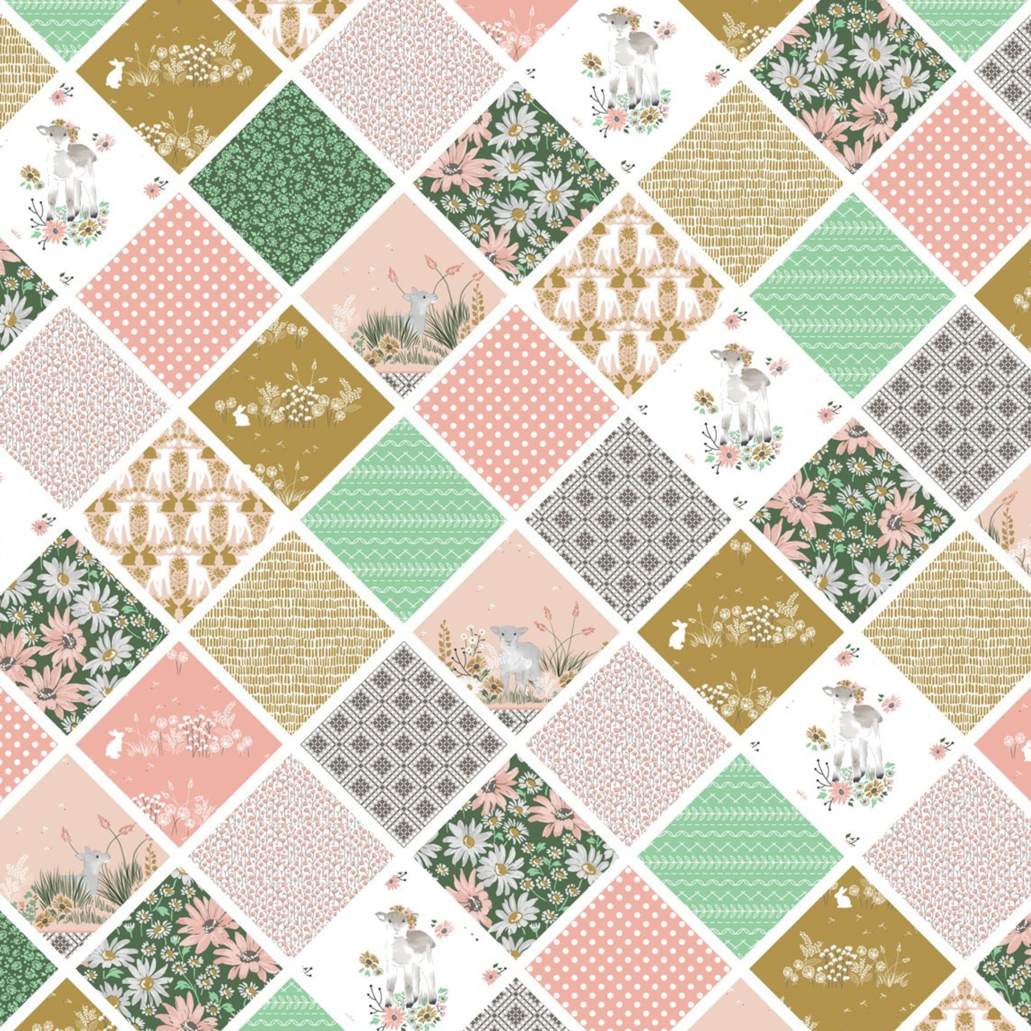 Lamb collection cheater quilt print pink mint mustard green diamond patchwork novelty quilting cotton fabric for baby quilts and nursery projects