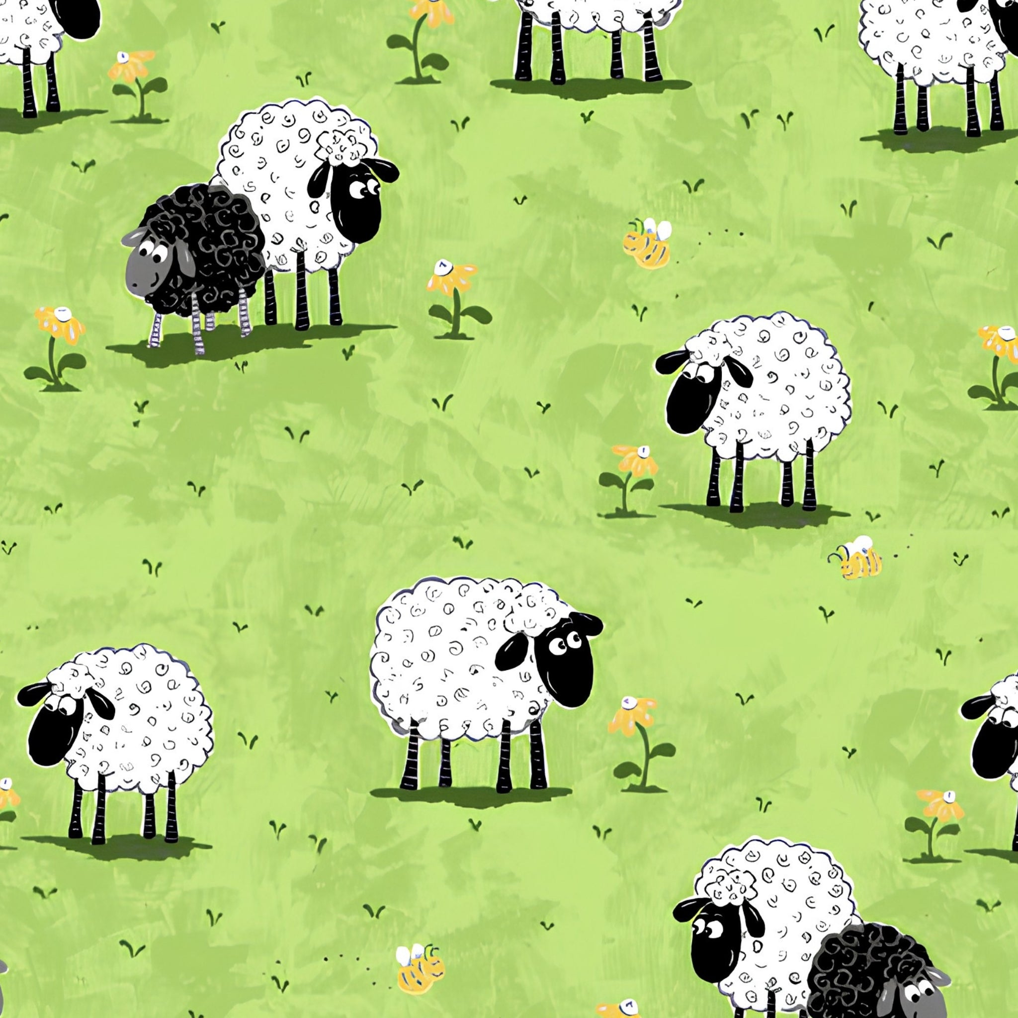 White and black sheep novelty print bright green meadow yellow flowers kids fabric for children's quilts baby quilts nursery décor patchwork projects